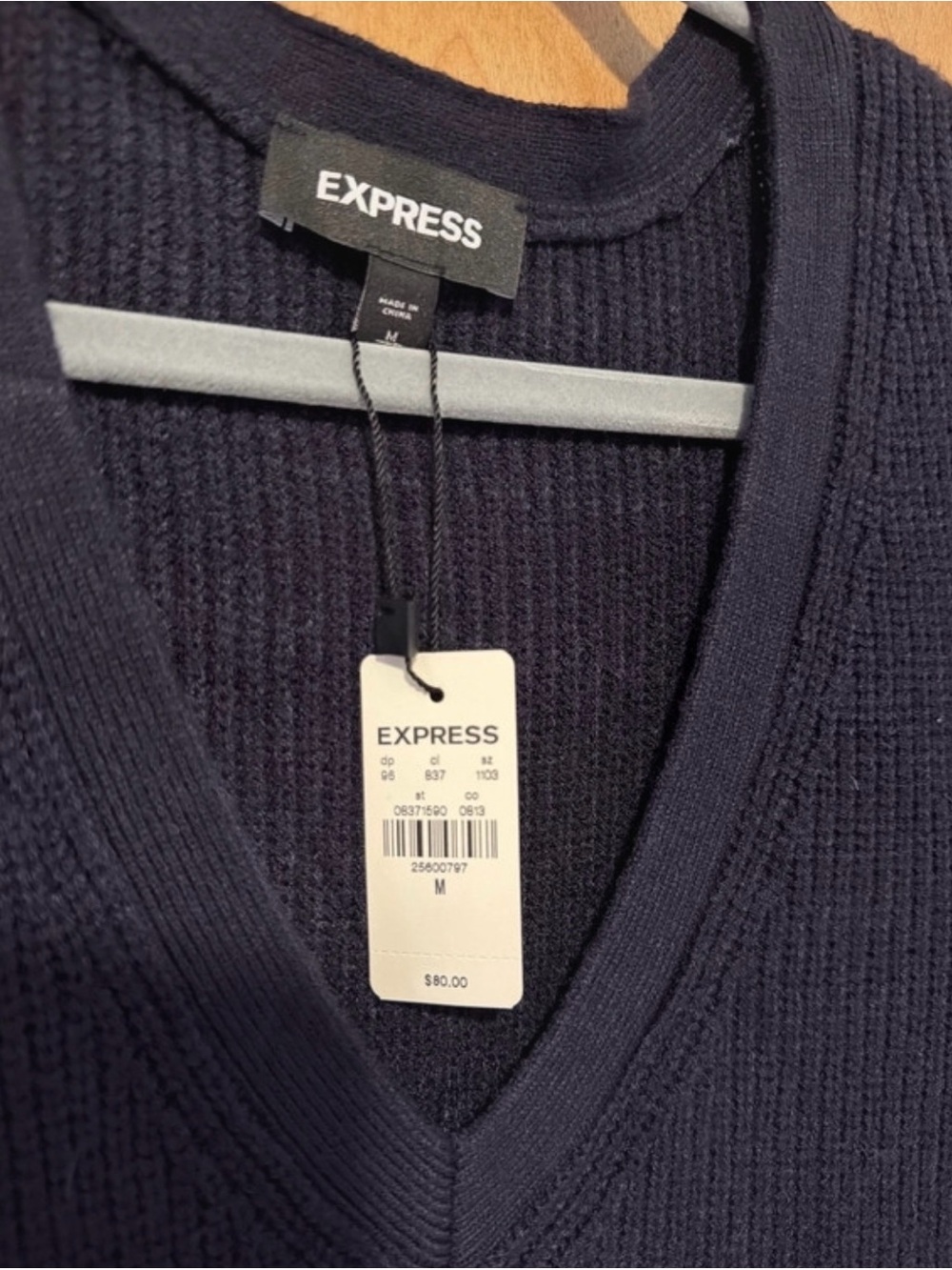 Express Navy V-Neck Ruffle Sleeve Ribbed Sweater - Picture 2 of 4